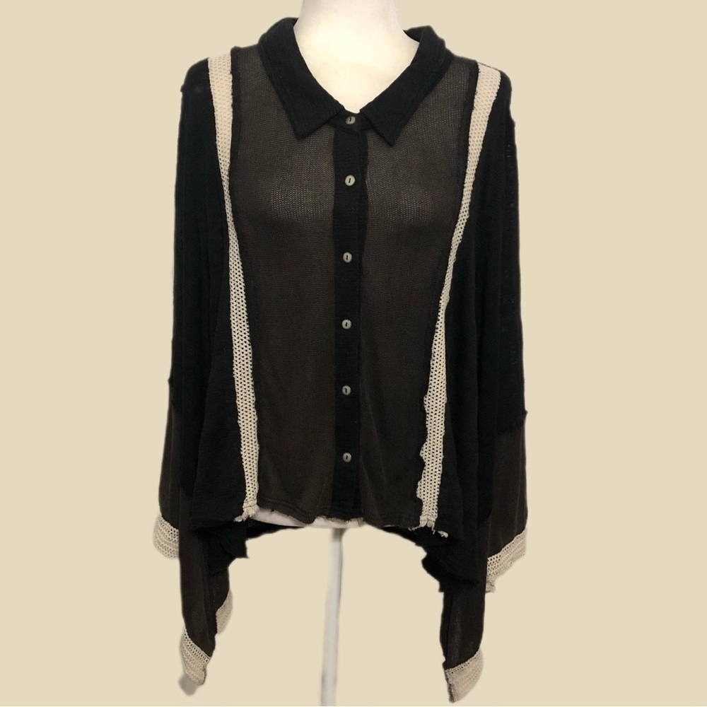 POL Patchwork Wide Bell Sleeve Button Down Knit L… - image 1